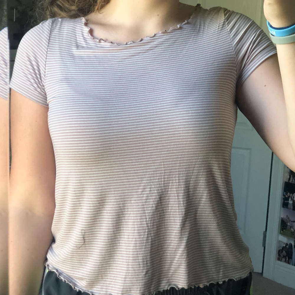 baby pink & white striped ruffle trim shirt.